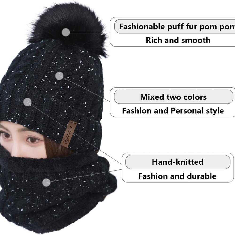 Womens Knit Beanie Hat Scarf Set Fleece Lined Warm Winter Ski Casual - Picture 2 of 6
